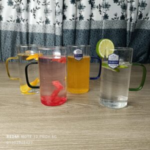 4 Pcs 410 ml Borosilicate Round Glass Heat Resistant Square Glass with Colored Handle Fashion Tea Cup Juice Cup Microwavable Handmade Drinkware for Home Ice Coffee