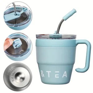 1pc 16oz/480ml Portable Coffee Cup With Handle And Straw, Stainless Steel Vacuum Insulated Mug, Double-Layer Coffee Mug For Outdoor Camping, Home And Office Use