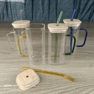 Glass Mug, with Handle and Wooden Lid, Glass Drinking Glass,Square Drinking Glass,for Juice Milk Party and Travel.