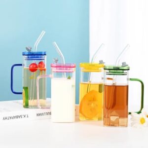 Glass Mug with Lid and Straw - 400 ML - Pack of 4 - Glass Sipper Tumbler Kids Mug for Fruit Juice Milk Tea and Coffee Can Cup with Glass Straw (400ml CH Clour D4)